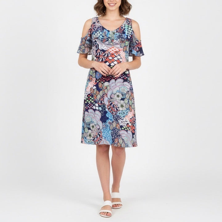 Roz Ali Cold Shoulder Ruffle Dress Medium Floral Print Blue Pink Green