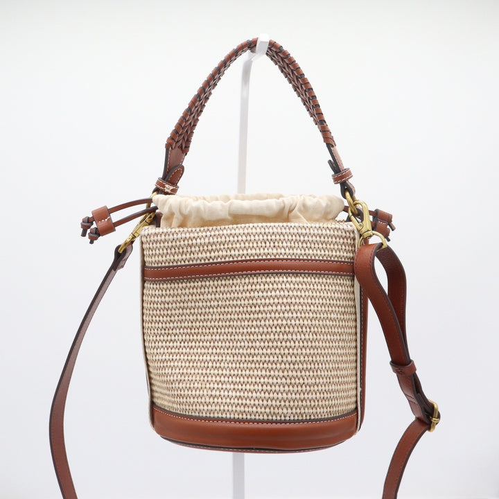 House of Harlow 1960 Woven Straw Leather Bucket Bag Brown Beige Crossbody