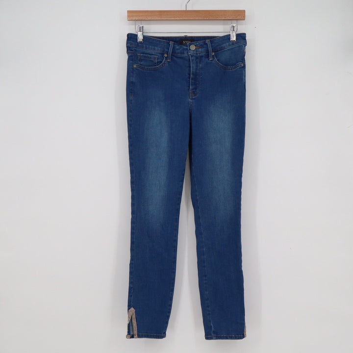 NYDJ Ami Skinny Jeans Womens 6 Blue Denim Lift Tuck Ankle Side Slit Woven Trim