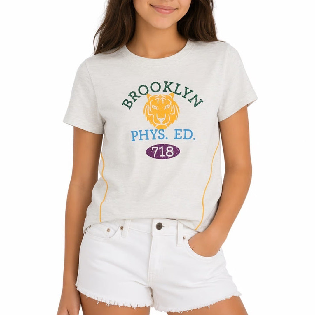DSG Girls Brooklyn Phys Ed Tiger Graphic Tee Light Heather Grey S 8-9 NEW