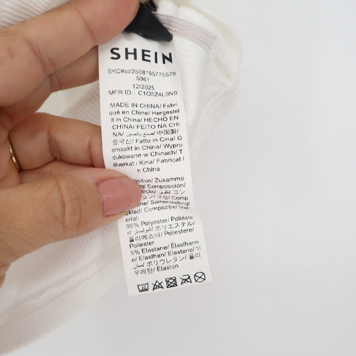 SHEIN White Rhinestone Ribbed Cropped Tank Top Scoop Neck Ruched Sides sz M