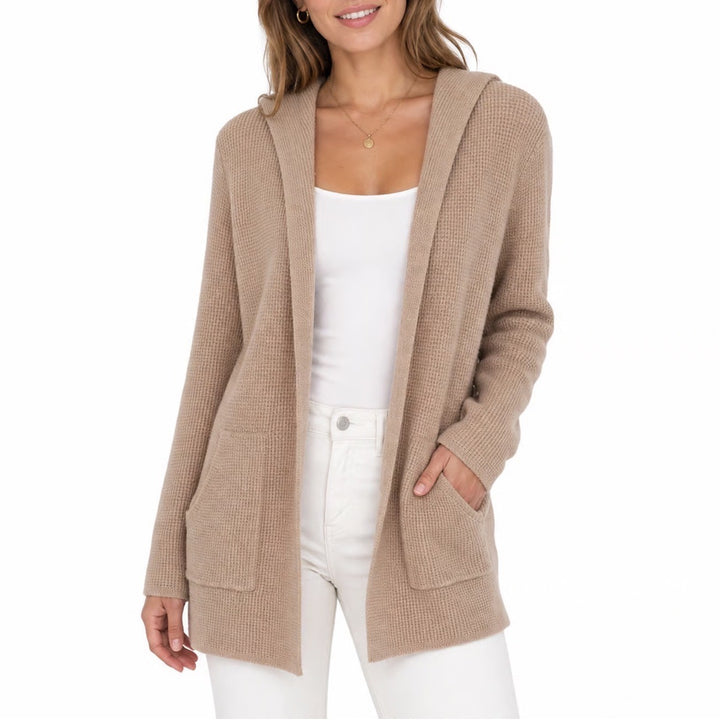 Cyrus Tan Waffle Knit Hooded Cardigan Open Front Duster Sweater L