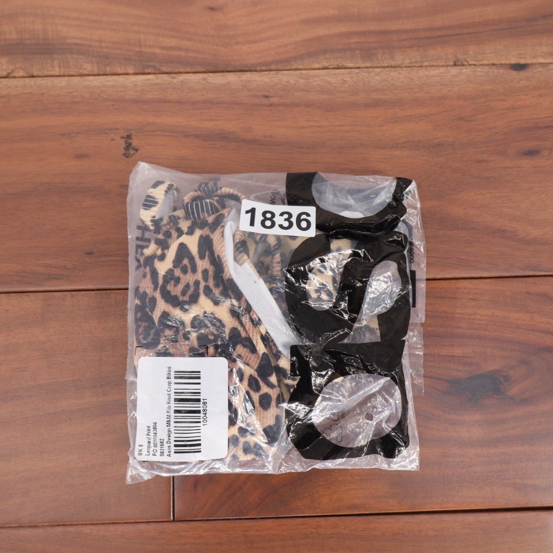 ASOS DESIGN M&M Rib Knot Crop Bikini Leopard Print UK 8 US 4