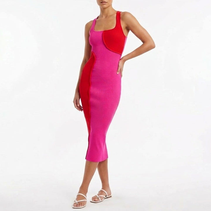 Naked Wardrobe Pink Red Colorblock Ribbed Midi Bodycon Dress Small