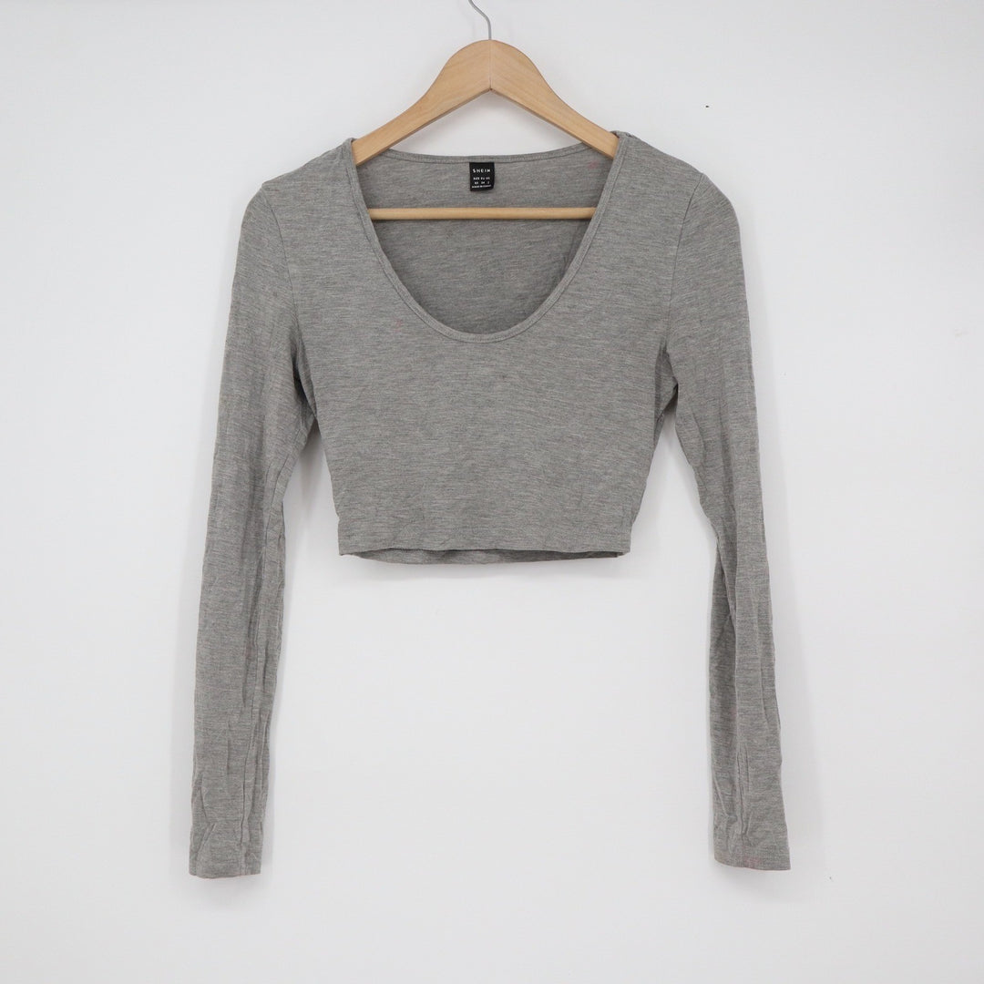 SHEIN Womens Heather Grey Scoop Neck Long Sleeve Crop Top XS