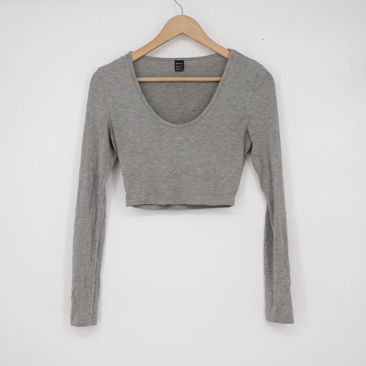 SHEIN Womens Heather Grey Scoop Neck Long Sleeve Crop Top XS