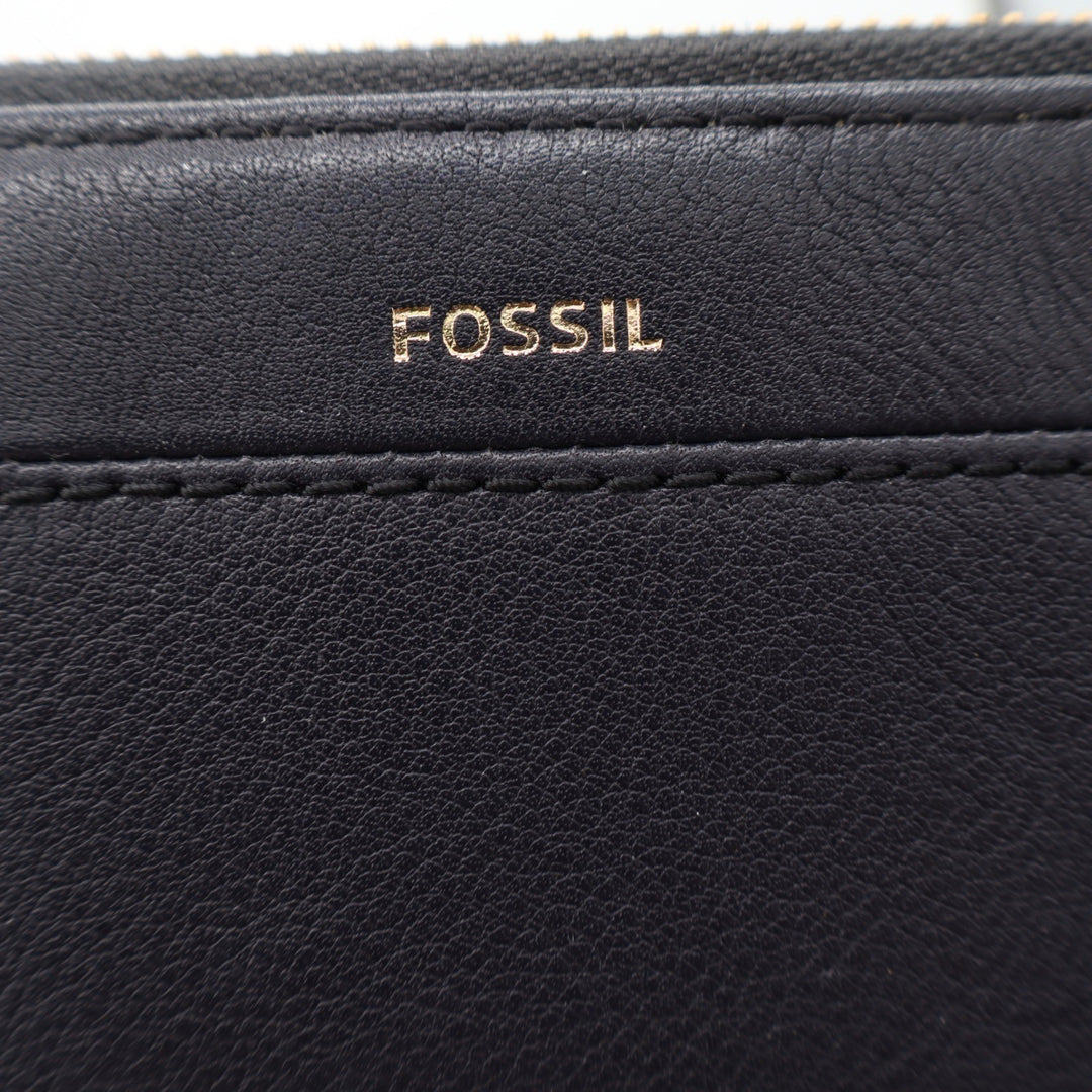 Fossil Logan Black Pebbled Leather Zip Around Clutch Wristlet Gold Hardware