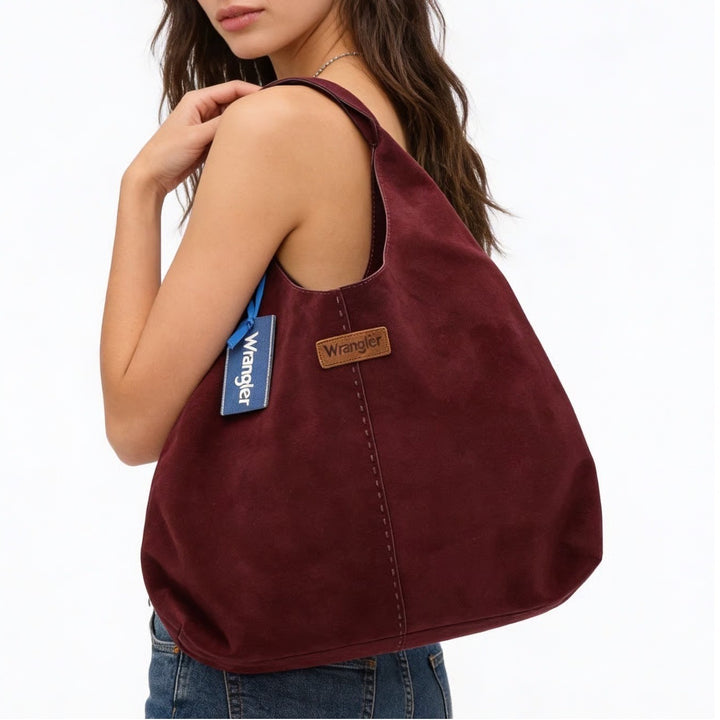 Wrangler Women Handbag Maroon Suede Inner Pocket Shoulder Strap Slouchy Hobo Bag