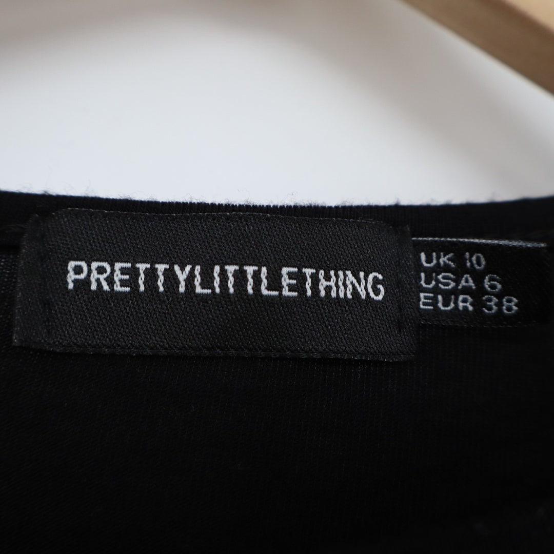 Prettylittlething Cropped Top Womens 6 Black Ruched Side Crew Neck Long Sleeve