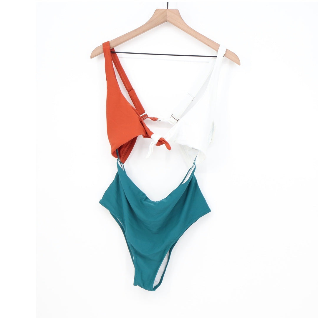 Colorblock Cutout One Piece Swimsuit Orange White Teal High Leg Front Tie Large
