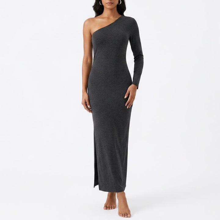 Black One Shoulder Maxi Dress Long Sleeve Side Slit Minimalist Medium