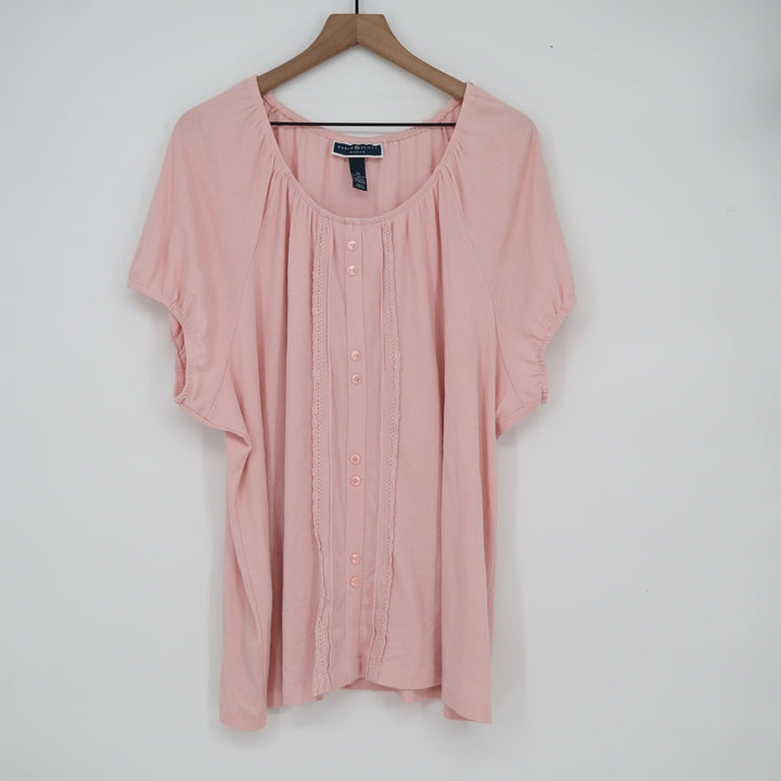 Karen Scott Woman Pink Lace Trim Button Front Short Sleeve Blouse Top 3X
