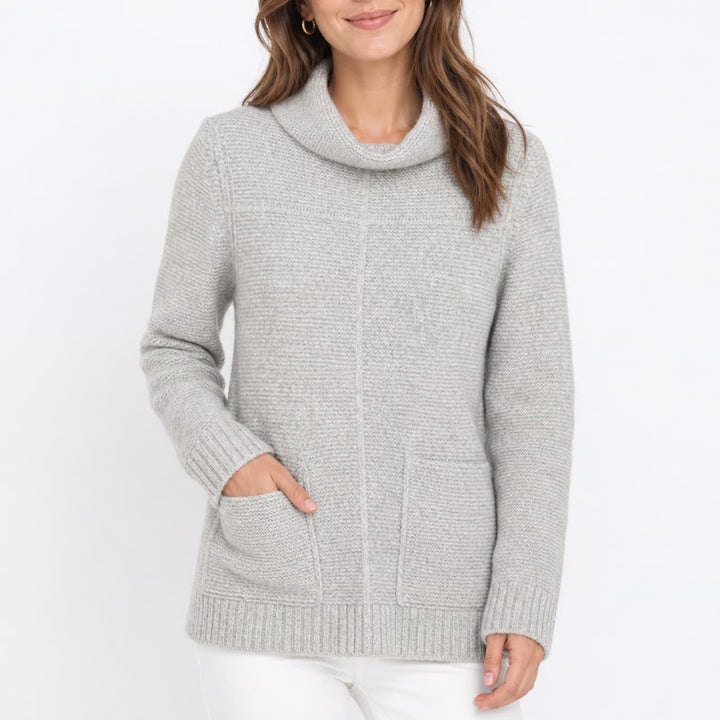 Barbour Malvern Roll Collar Grey Marl Textured Knit Sweater Pockets