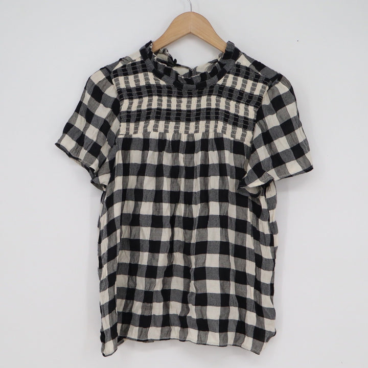 LOFT Black White Buffalo Plaid Smocked Ruffle Neck Blouse Top Medium