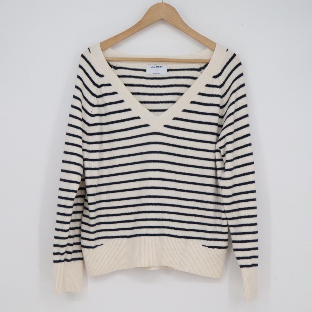 Old Navy SoSoft Striped V-Neck Sweater Cream Navy Blue Small