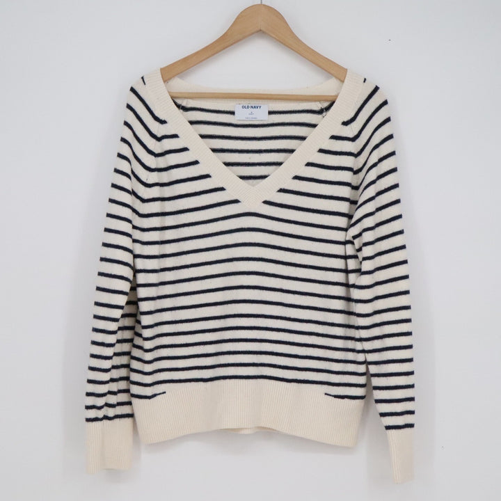 Old Navy SoSoft Striped V-Neck Sweater Cream Navy Blue Small