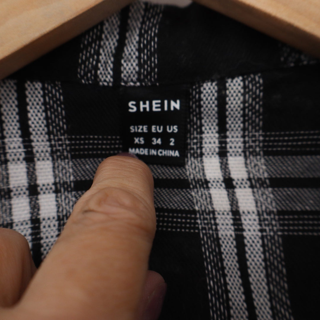 SHEIN Black White Plaid Cropped Flannel Shirt XS