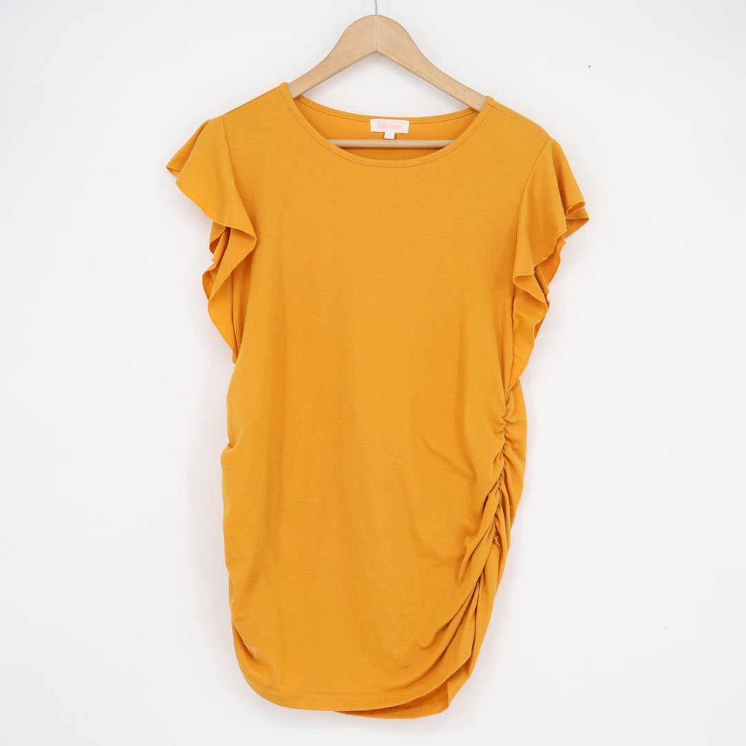 BHome Maternity Mustard Yellow Ruched Side Ruffle Cap Sleeve Top Medium