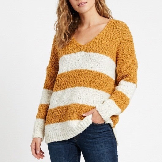 Altar'd State Sweater Womens M/L Mustard White Striped Eyelash Knit Pullover