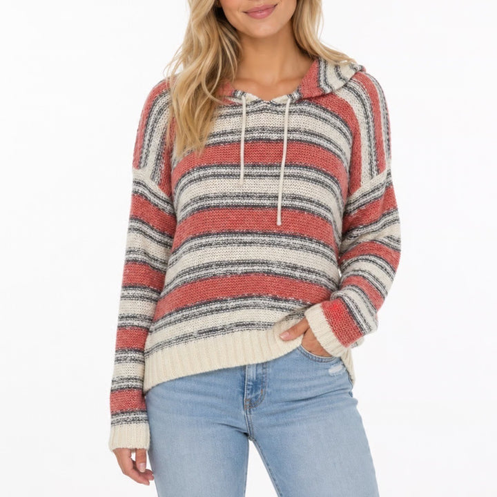 ONeill Womens Large Striped Open Knit Hooded Pullover Sweater Coral Cream