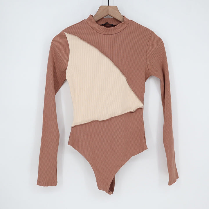 Naked Wardrobe Ribbed Colorblock Mock Neck Bodysuit Mauve Cream L
