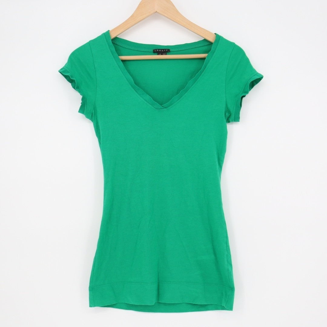 Theory T-Shirt Women Small Green Cotton Stretch Slim V-Neck Casual Everyday Wear