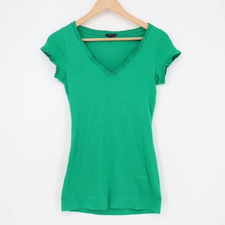 Theory T-Shirt Women Small Green Cotton Stretch Slim V-Neck Casual Everyday Wear