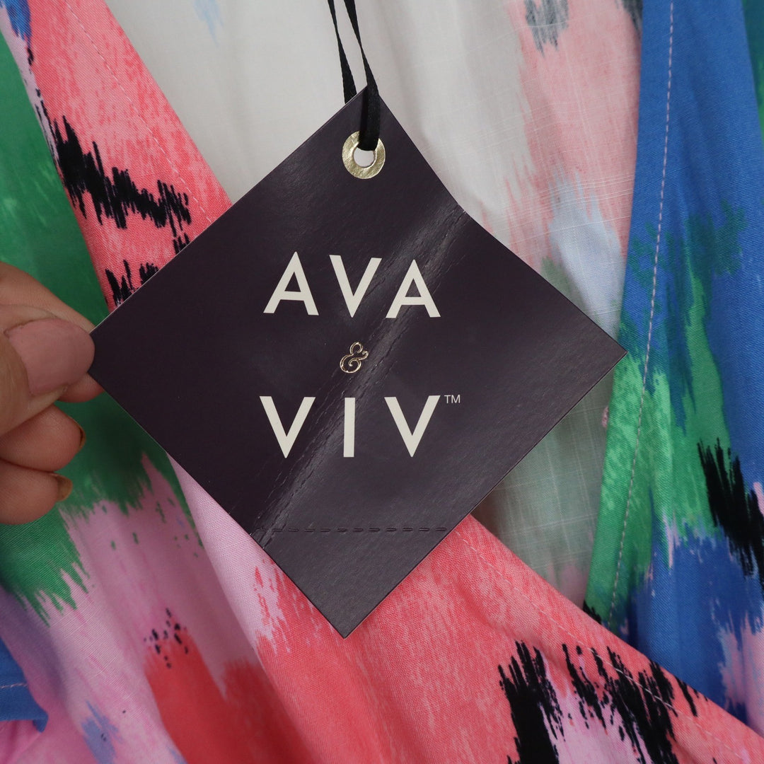 Ava & Viv XXL Abstract Floral Wrap Dress Pink Blue Green High Low Ruffle Midi
