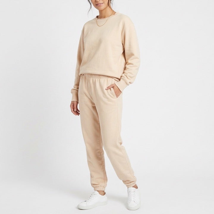 Naked Wardrobe Womens XS Tan Peach Raw Edge Sweatshirt and Joggers 2 Piece Set