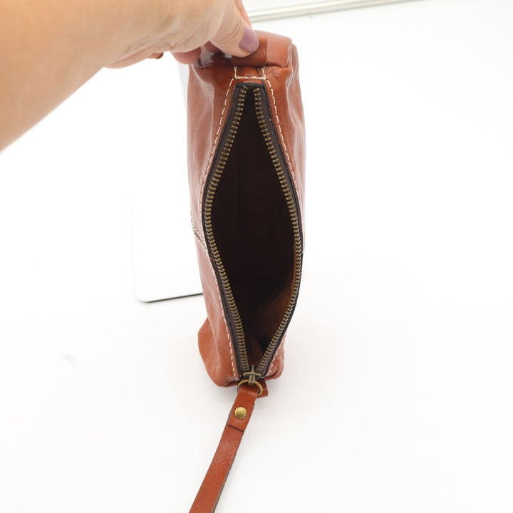 Patricia Nash Tan Leather Cosmetic Pouch Pencil Case Contrast Stitching