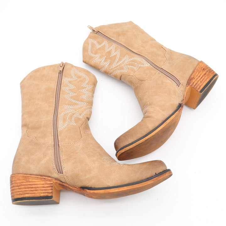 Womens Tan Faux Suede Western Cowboy Boots Pointed Toe Side Zip Size 6