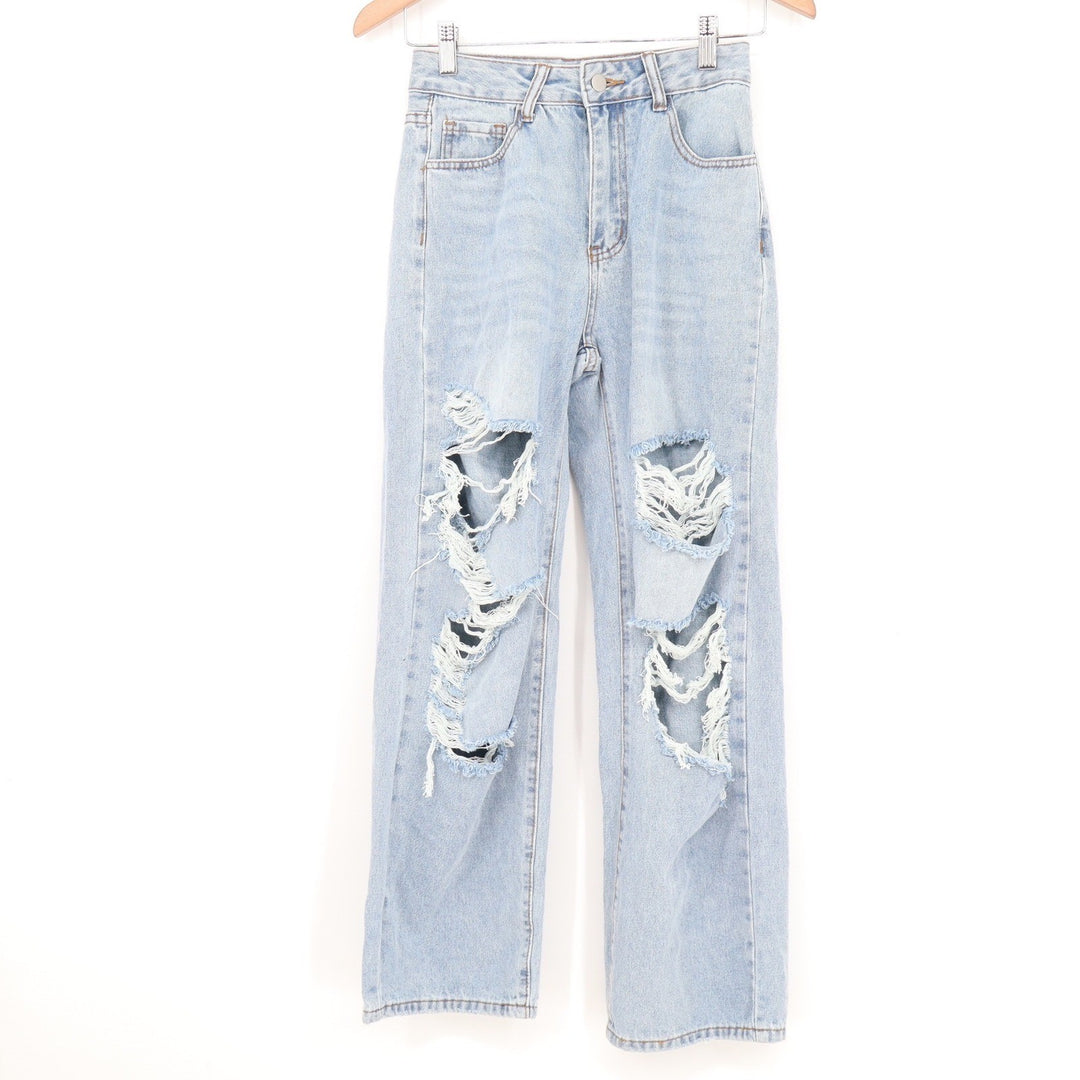 SHEIN Petite XS Distressed High Waisted Straight Leg Jeans Light Wash Blue