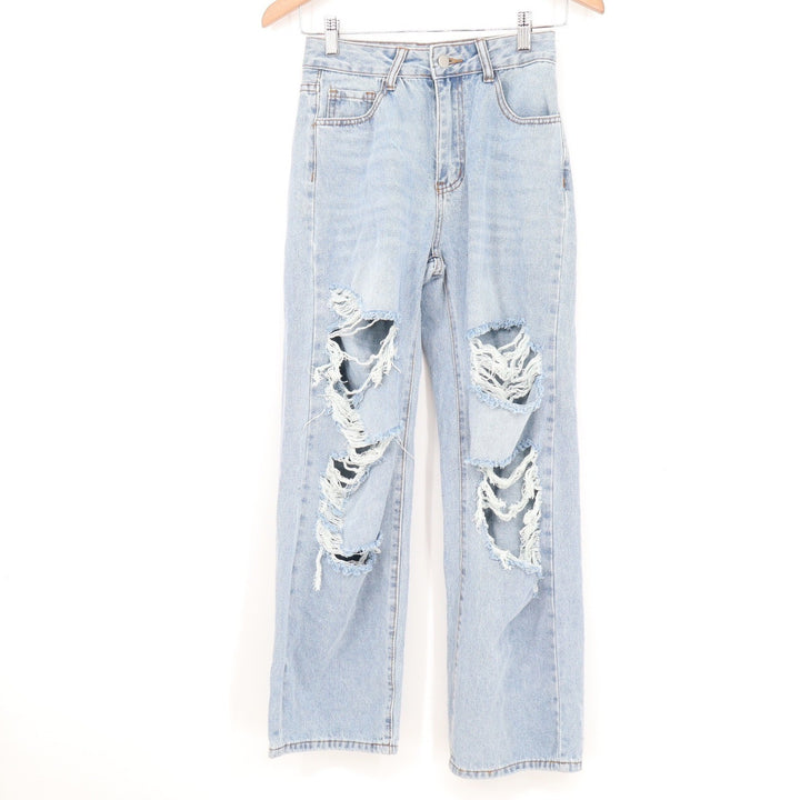SHEIN Petite XS Distressed High Waisted Straight Leg Jeans Light Wash Blue