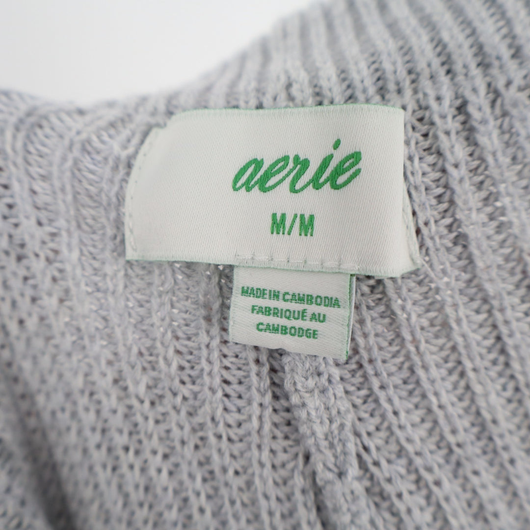 Aerie Wide Leg Cropped Pants Womens Medium Gray Ribbed Chunky Knit Drawstring
