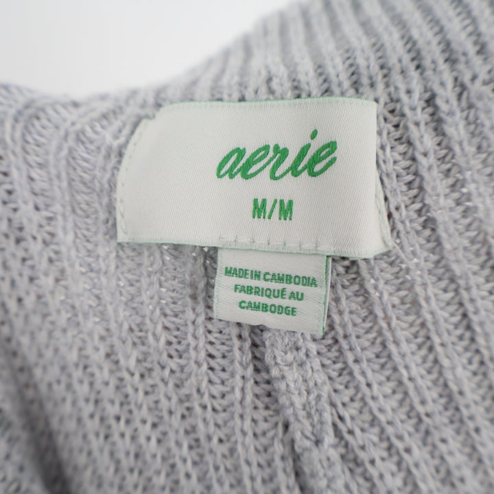 Aerie Wide Leg Cropped Pants Womens Medium Gray Ribbed Chunky Knit Drawstring