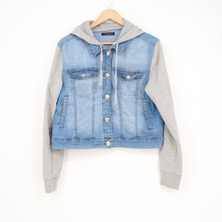Active USA Denim Hooded Mixed Media Jean Jacket Light Wash Gray Large