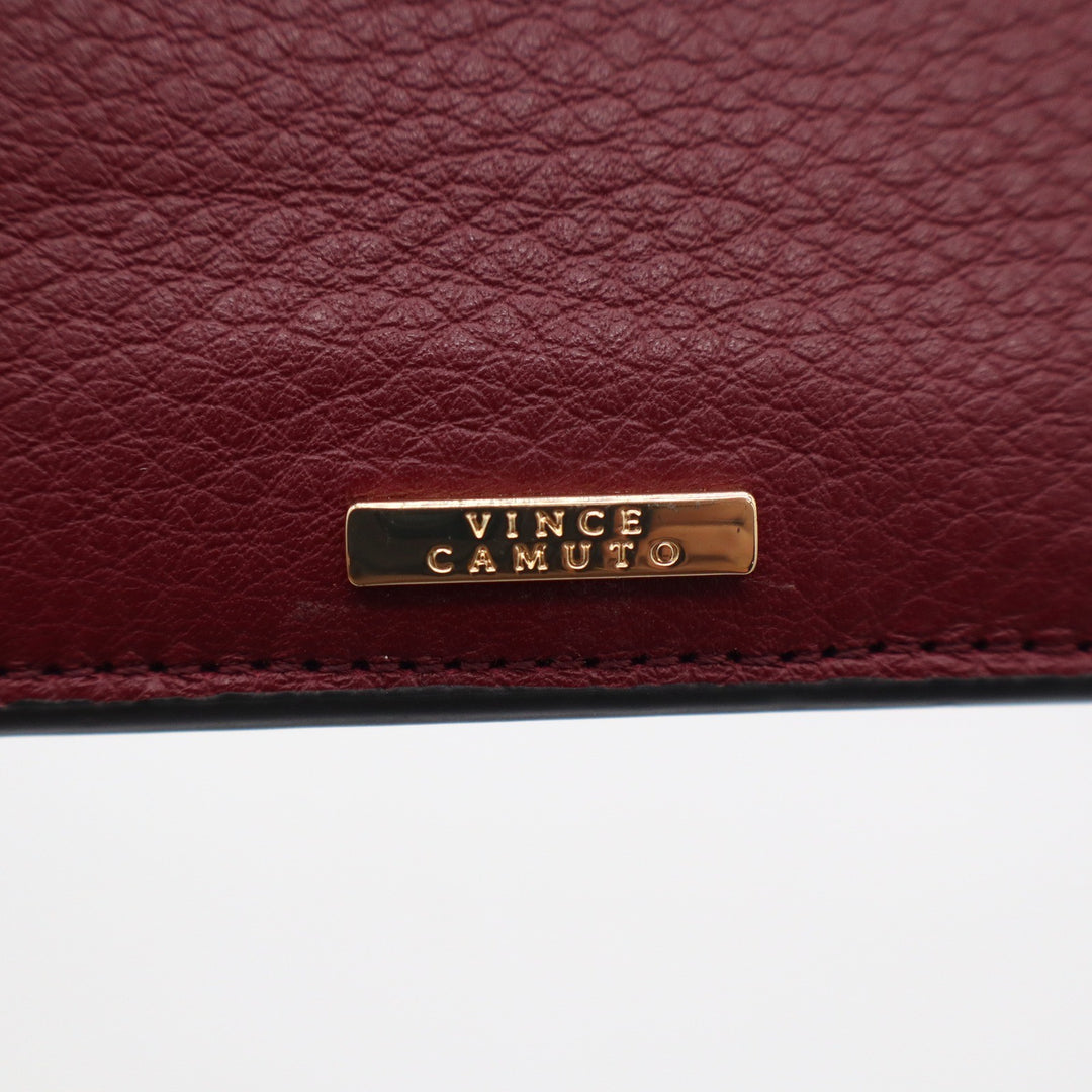 Vince Camuto Burgundy Pebbled Leather Slim Card Case L-Zip Wallet Gold Hardware