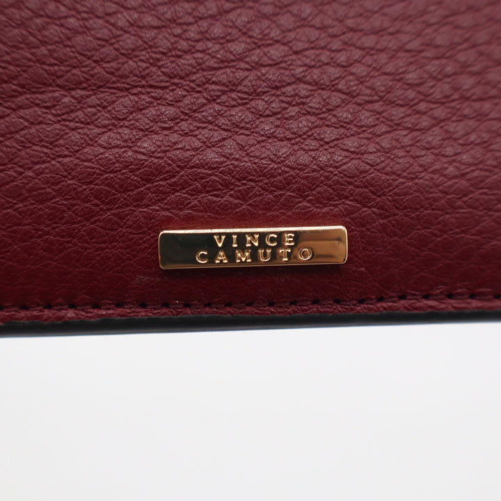 Vince Camuto Burgundy Pebbled Leather Slim Card Case L-Zip Wallet Gold Hardware