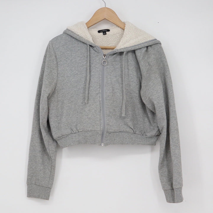 Ambiance Womens Gray Cropped Sherpa Lined Zip Up Hoodie Sweatshirt Large