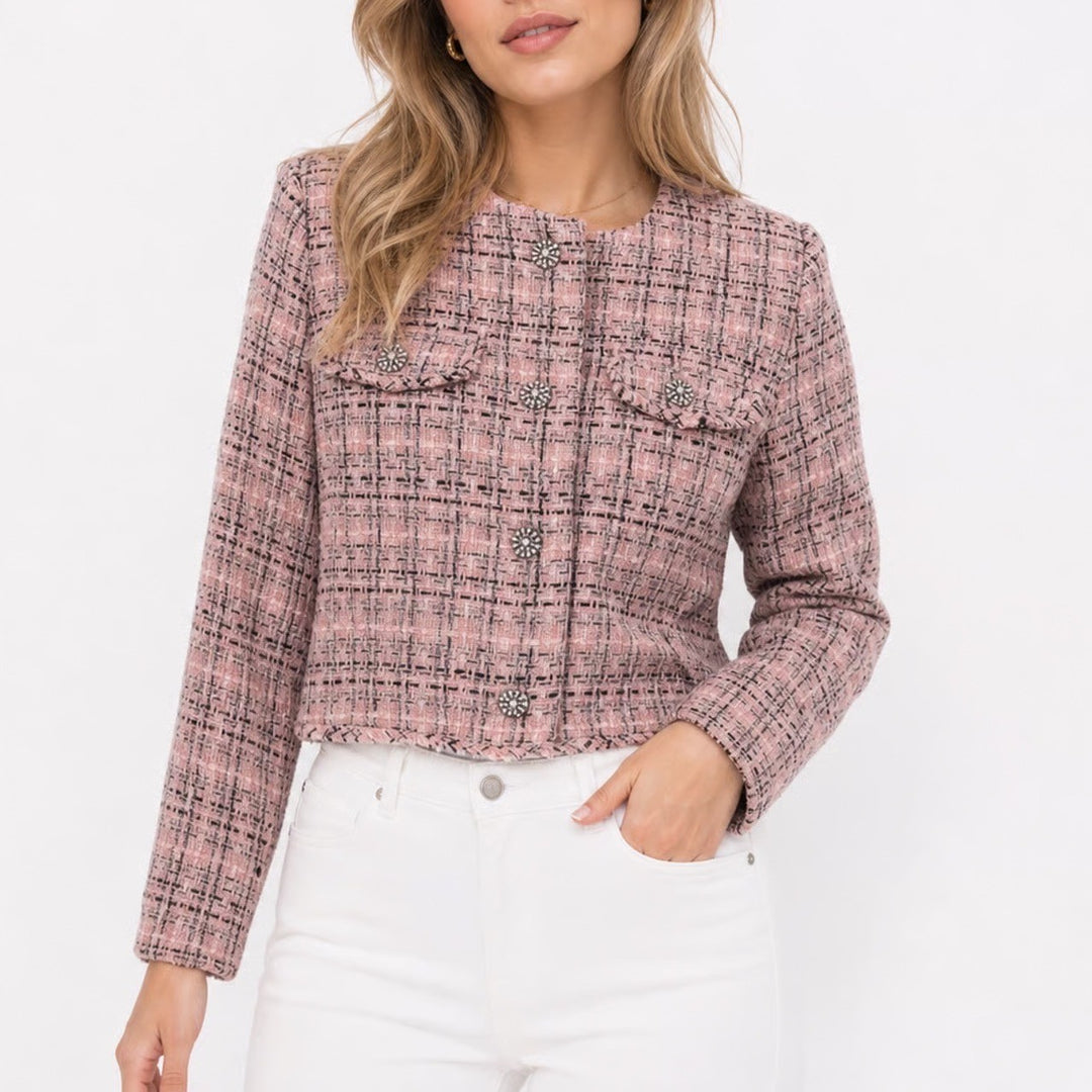 Wild Fable Pink Tweed Cropped Jacket Pearl Button Plaid Large