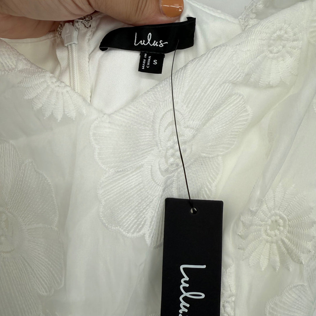 Lulus Sweetest Behavior White Embroidered Puff Sleeve Midi Dress Size S
