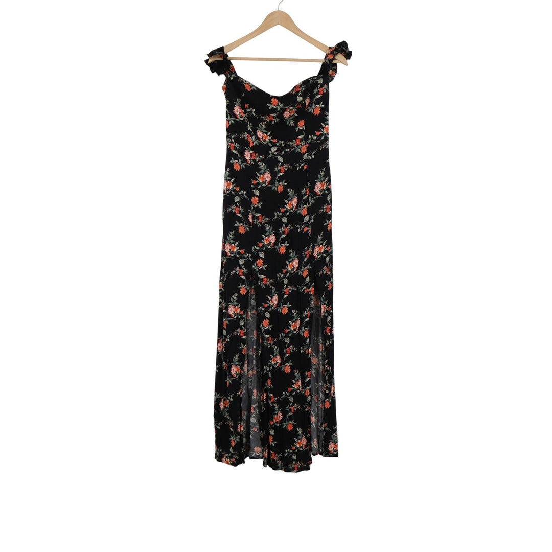 Ambiance Floral Maxi Dress Black Orange Ruffle Sleeve Slit Sweetheart Large