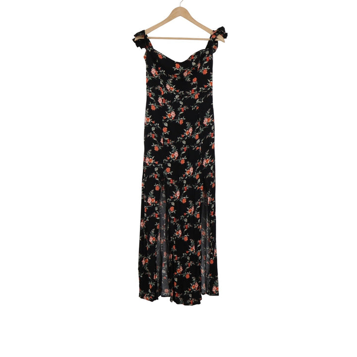 Ambiance Floral Maxi Dress Black Orange Ruffle Sleeve Slit Sweetheart Large