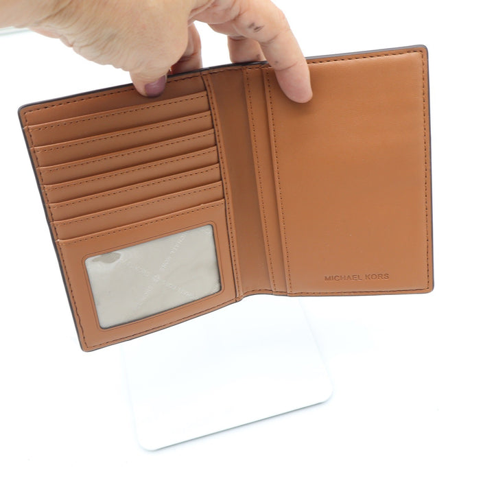 Michael Kors Brown Signature Logo Vertical Bifold Wallet ID Window