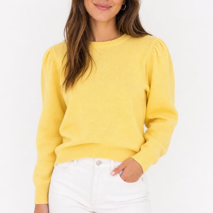 &merci Yellow Puff Shoulder Long Sleeve Crew Neck Knit Sweater Large KLJ0574