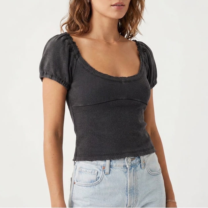 Full Tilt Crop Top Womens L Black Cotton Ribbed Raw Edge Short Sleeve Scoop Neck