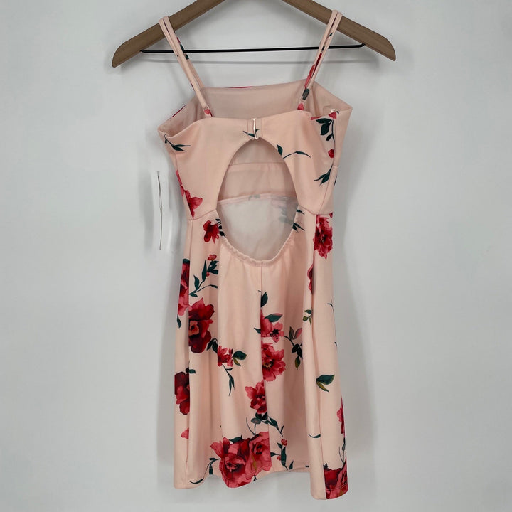 Sequin Hearts Floral Print Pink Square Neck Cutout Back Mini Dress Size 1