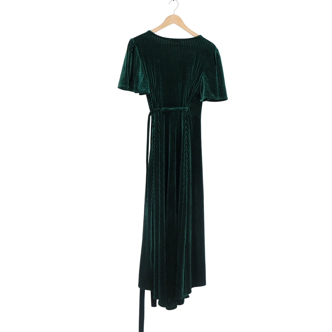 Simplee Dark Green Ribbed Velvet Wrap Dress Short Flutter Sleeve Midi Green M