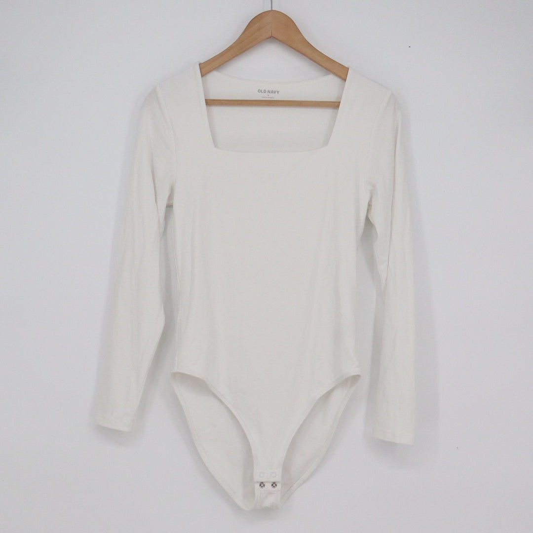 Old Navy Womens White Square Neck Long Sleeve Bodysuit Size M Cotton Blend Snap