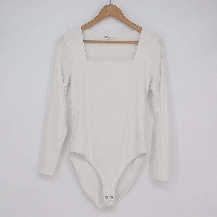 Old Navy Womens White Square Neck Long Sleeve Bodysuit Size M Cotton Blend Snap